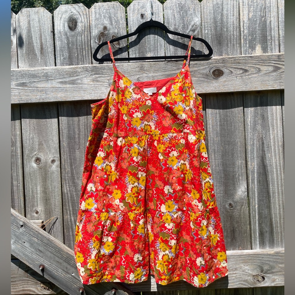 LOFT Red and Yellow Floral Dress Size L